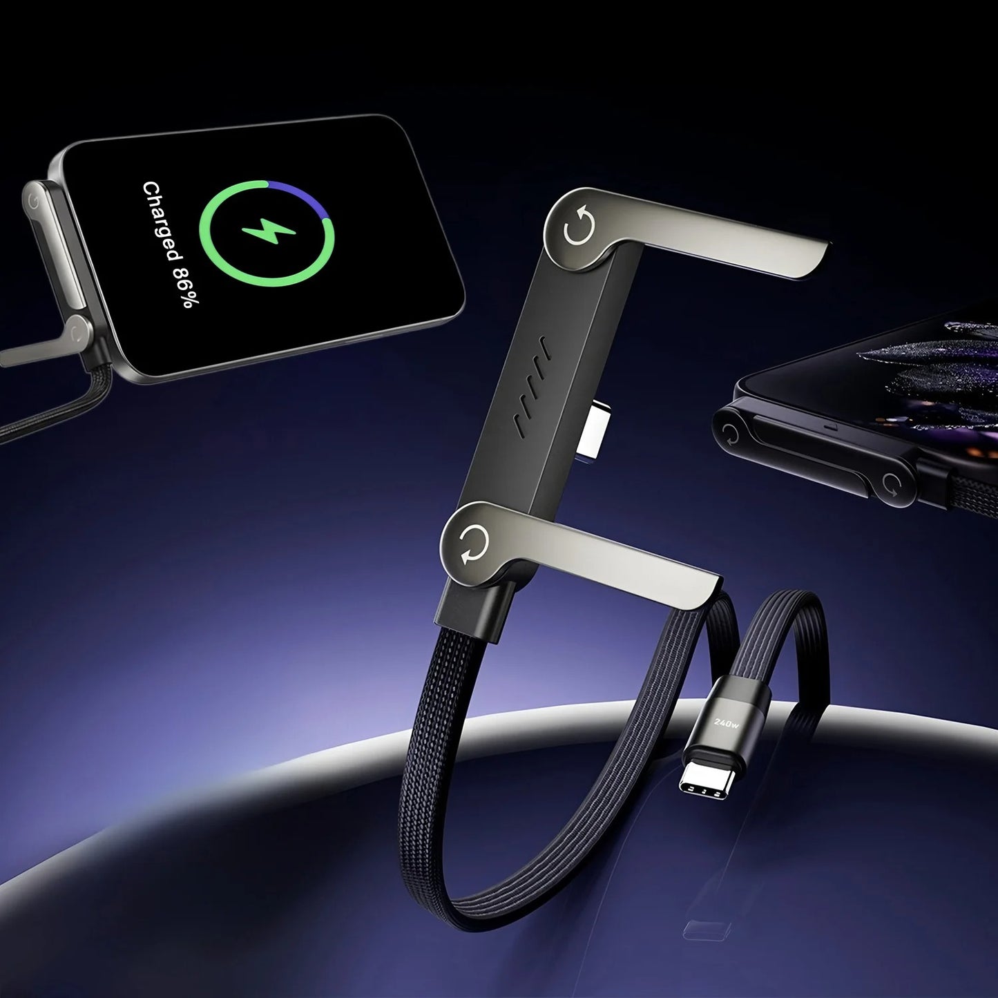 240W Ultra-Fast Type-C Charging Cable with Built-In Foldable Phone Stand | Right-Angle Gaming & Media Cable