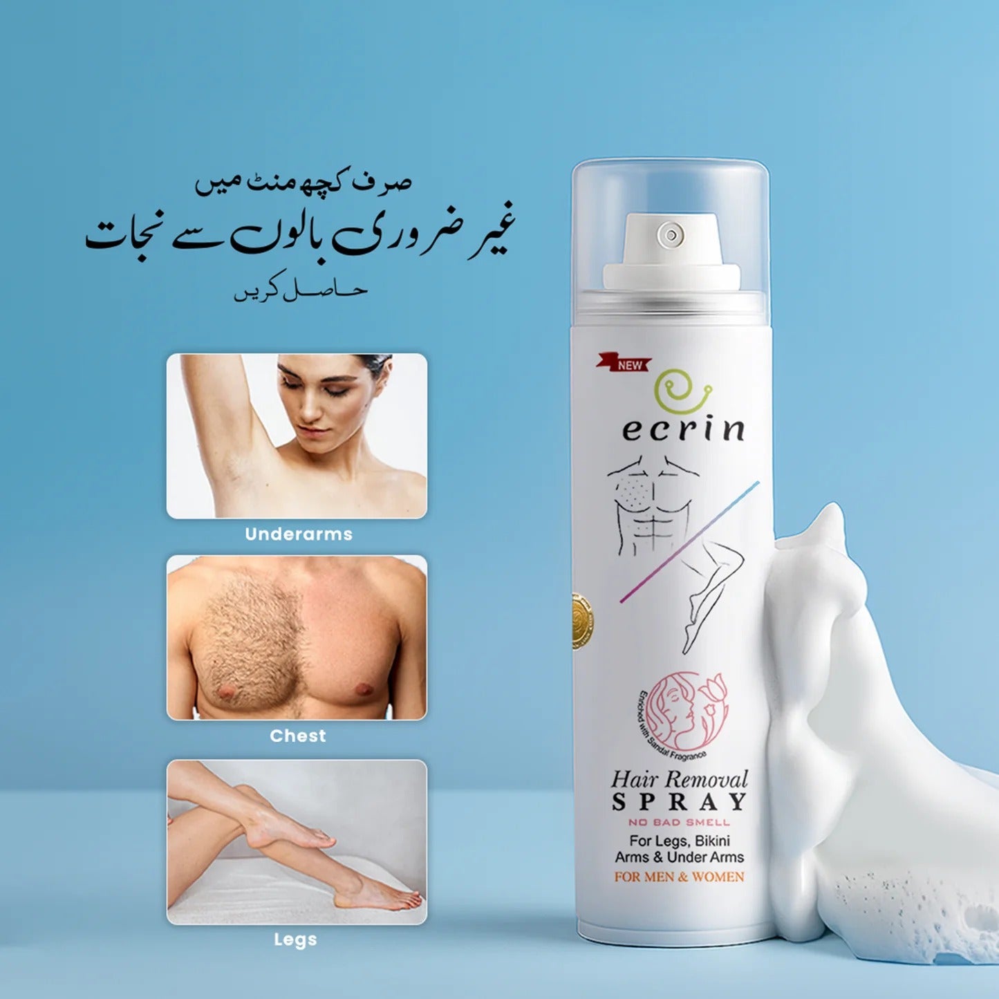 Ecrin Painless Hair Removal Foaming Spray (New 200ml) | Fast 8-Minute Action for Men & Women