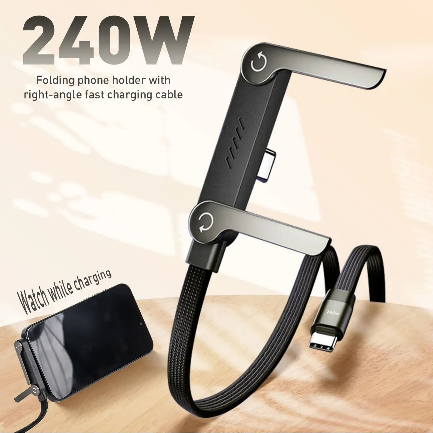 240W Ultra-Fast Type-C Charging Cable with Built-In Foldable Phone Stand | Right-Angle Gaming & Media Cable