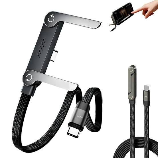 240W Ultra-Fast Type-C Charging Cable with Built-In Foldable Phone Stand | Right-Angle Gaming & Media Cable