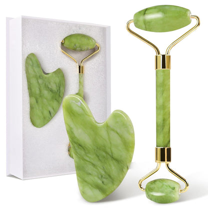 Genuine Jade Facial Roller & Gua Sha Set | Anti-Aging Cooling Massager for Skin Firming & Contouring