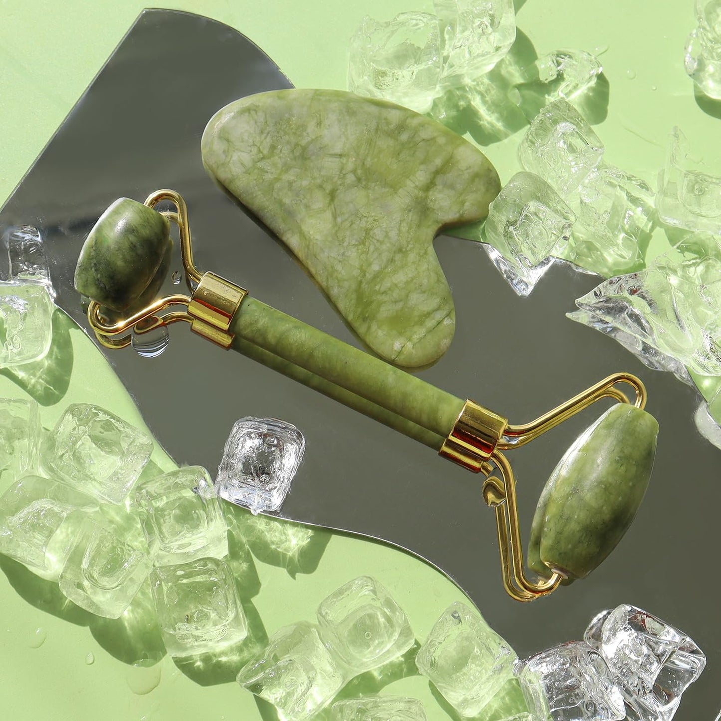 Genuine Jade Facial Roller & Gua Sha Set | Anti-Aging Cooling Massager for Skin Firming & Contouring