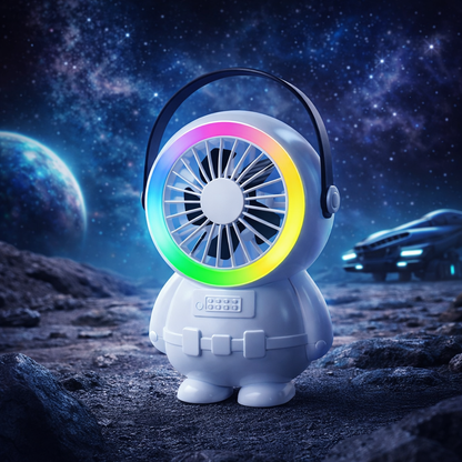 AstroGlow Portable Desk Fan with RGB Night Light | 3-Speed Rechargeable Mini Astronaut Cooling Fan