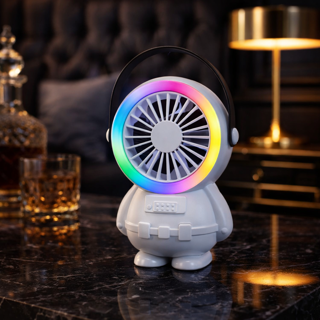 AstroGlow Portable Desk Fan with RGB Night Light | 3-Speed Rechargeable Mini Astronaut Cooling Fan