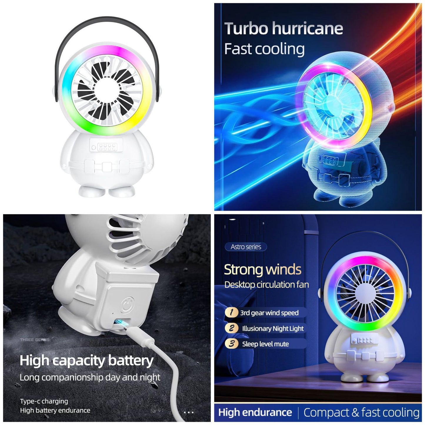 AstroGlow Portable Desk Fan with RGB Night Light | 3-Speed Rechargeable Mini Astronaut Cooling Fan