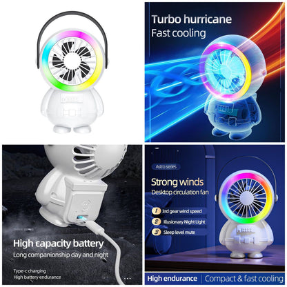 AstroGlow Portable Desk Fan with RGB Night Light | 3-Speed Rechargeable Mini Astronaut Cooling Fan