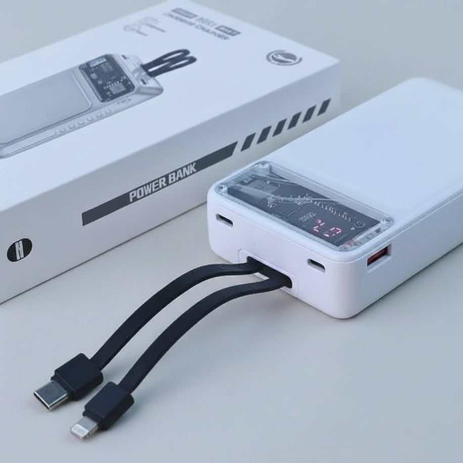 Cyber-Clear 20000mAh Power Bank | PD 22.5W Super Fast Charger with Built-In Dual Cables & LED Display
