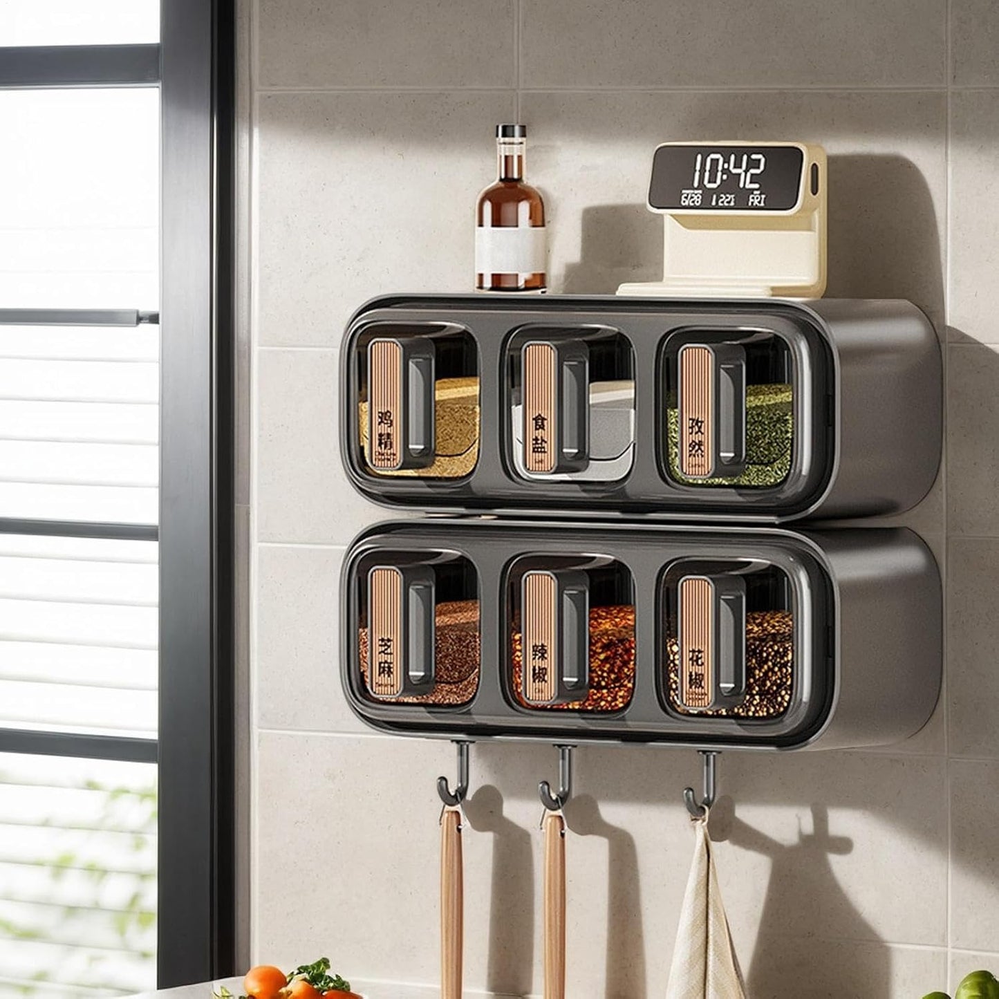 Premium Wall-Mounted Spice Rack Organizer | 3-Grid Transparent Seasoning Box with Utility Hooks & Spoons