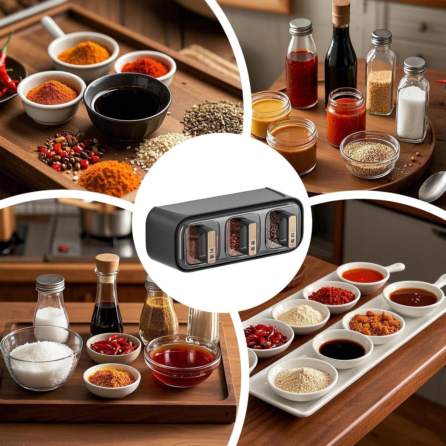 Premium Wall-Mounted Spice Rack Organizer | 3-Grid Transparent Seasoning Box with Utility Hooks & Spoons