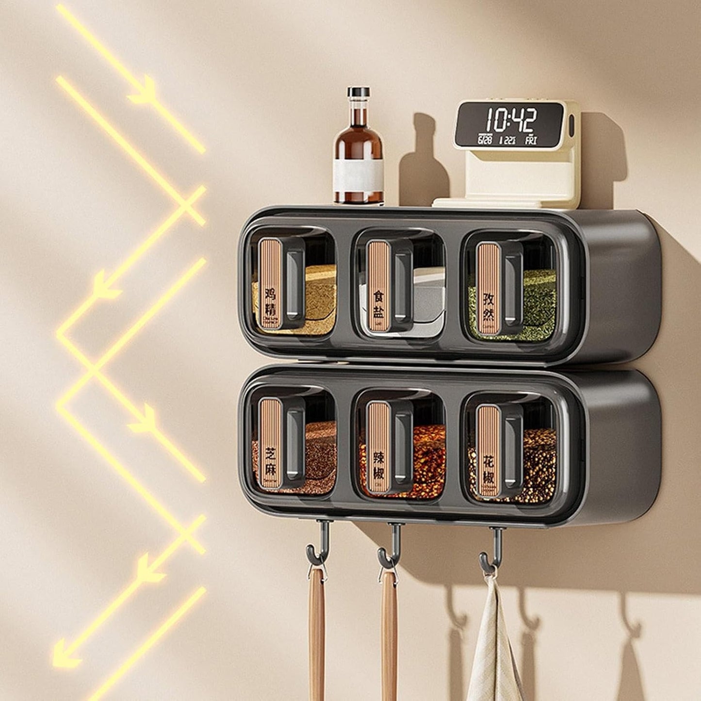 Premium Wall-Mounted Spice Rack Organizer | 3-Grid Transparent Seasoning Box with Utility Hooks & Spoons
