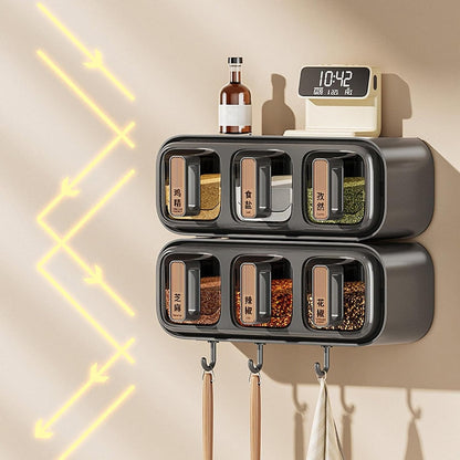 Premium Wall-Mounted Spice Rack Organizer | 3-Grid Transparent Seasoning Box with Utility Hooks & Spoons