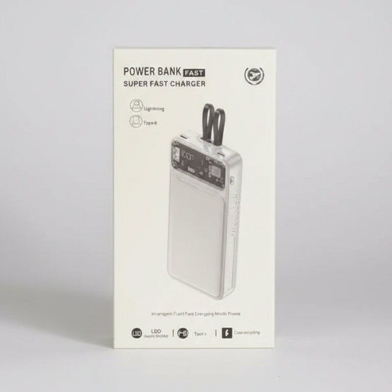 Cyber-Clear 20000mAh Power Bank | PD 22.5W Super Fast Charger with Built-In Dual Cables & LED Display