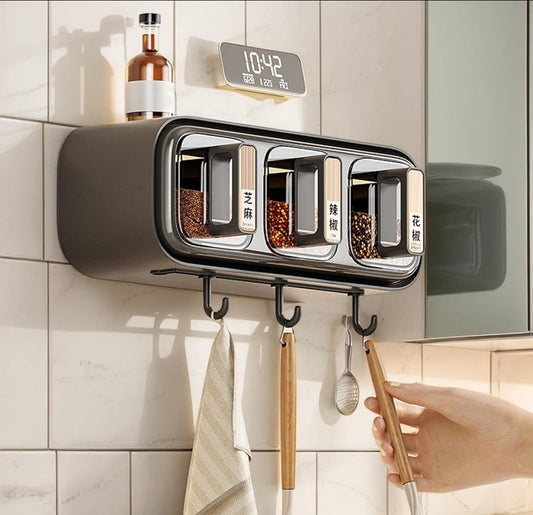 Premium Wall-Mounted Spice Rack Organizer | 3-Grid Transparent Seasoning Box with Utility Hooks & Spoons