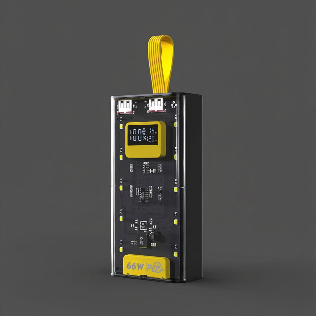 Cyberpunk 66W PD Super Fast Charging Power Bank | Transparent Battery Pack with Smart LED Display & Camping Light