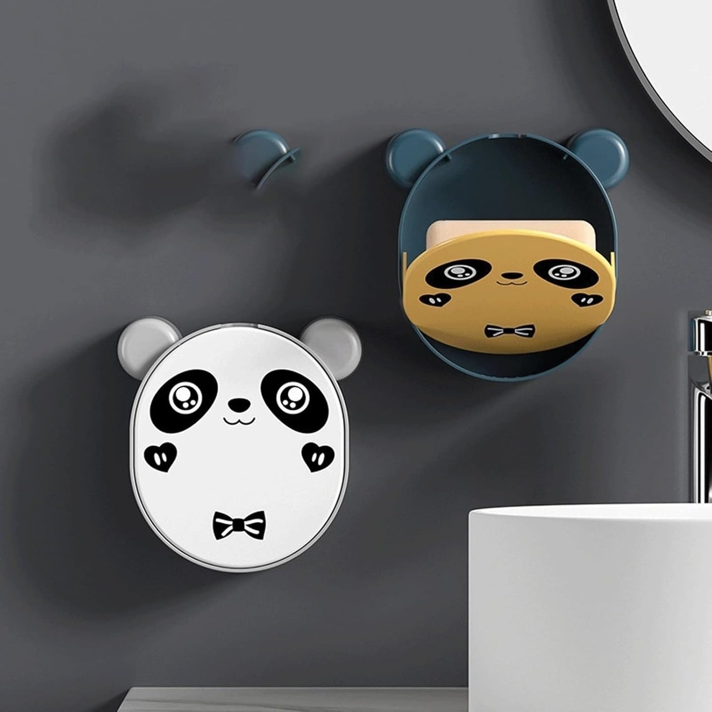 Adorable Panda Wall-Mounted Soap Holder | Drill-Free Flip-Lid Bar Soap Box with Drainage