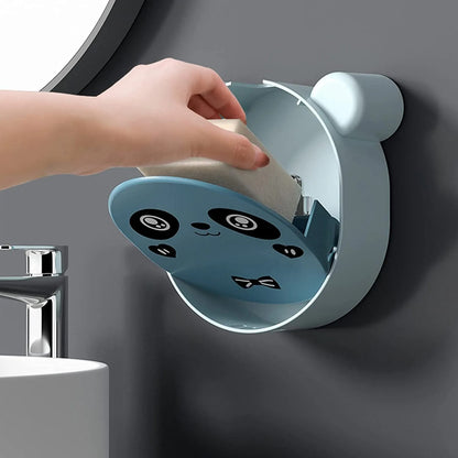 Adorable Panda Wall-Mounted Soap Holder | Drill-Free Flip-Lid Bar Soap Box with Drainage