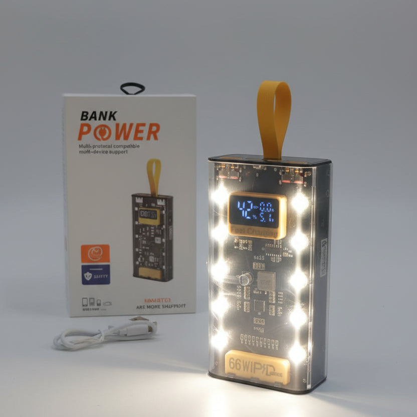 Cyberpunk 66W PD Super Fast Charging Power Bank | Transparent Battery Pack with Smart LED Display & Camping Light
