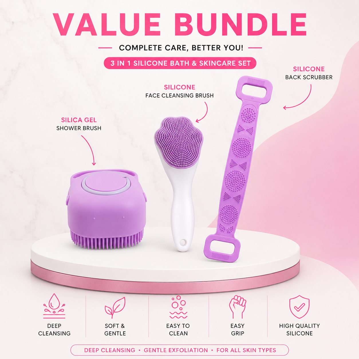 Premium 3-in-1 Silicone Bath & Skincare Set | Deep Cleansing Back Scrubber, Body Brush & Face Massager Bundle