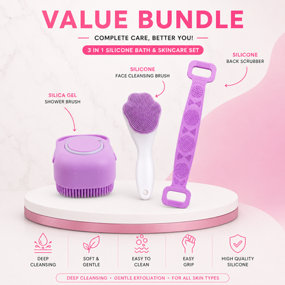 Premium 3-in-1 Silicone Bath & Skincare Set | Deep Cleansing Back Scrubber, Body Brush & Face Massager Bundle
