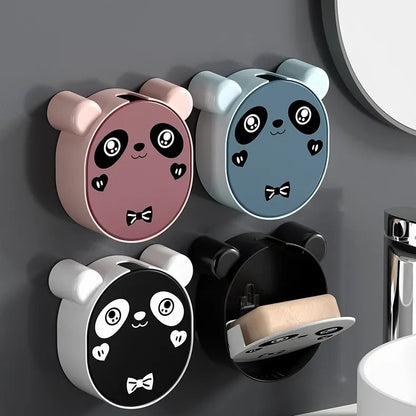 Adorable Panda Wall-Mounted Soap Holder | Drill-Free Flip-Lid Bar Soap Box with Drainage
